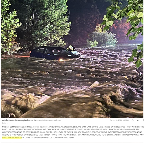 Photograph of a swift water rescue from a motor vehicle near Lynchburg, VA during a flash flood event