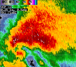 Base Reflectivity image of a supercell thunderstorm
