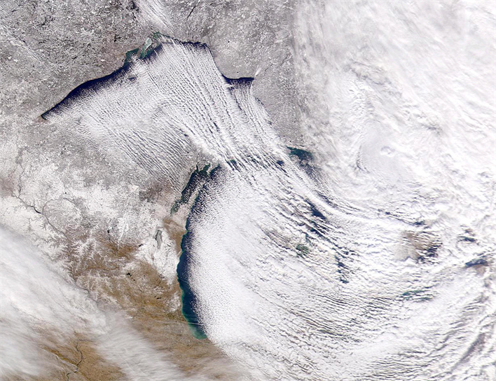 Satellite photo of lake effect snow occurring near the Great Lakes